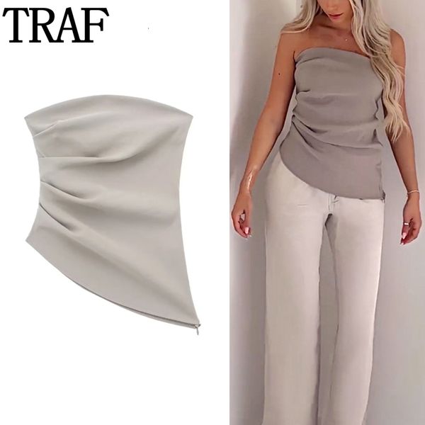 Women&#039;s Tanks Camis TRAF 2023 Off Shoulder Tube Top Women Asymmetric Corset Female Pleated Backless Sleeveless Woman Party Night Summer