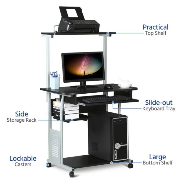 SMILE MART Metal Portable Computer Desk with 4 Storage Shelves and Keyboard Tray, Black-Gray computer desk