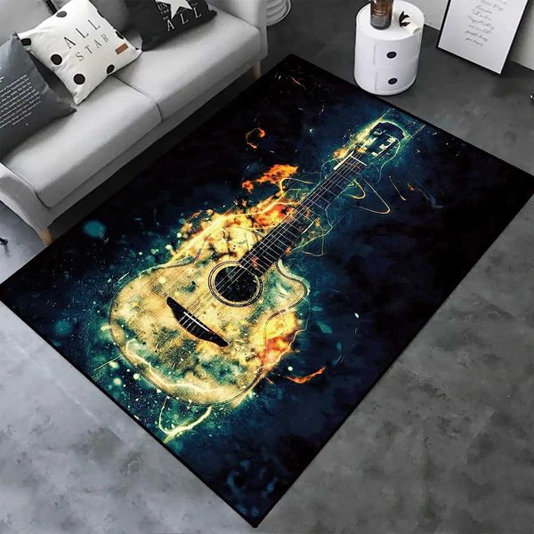 Carpets Burning Guitar Music Movie Carpet for Living Room Large Size Music Lover Floor Mat Anti-slip Bedroom Bedside Sofa Area Rug