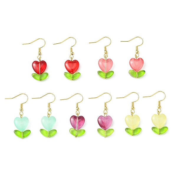 Boucles d'oreilles pendantes en verre et lampe en forme de fleur de cœur