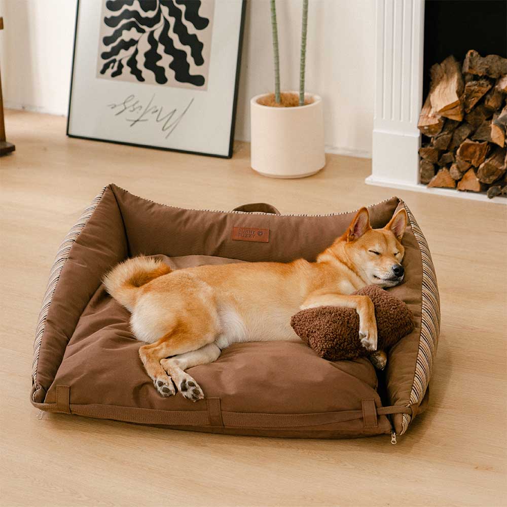 Striped Natural Folding Washable Mat Sofa Dog Bed - Mocca Pup Lounger, Brown - L
