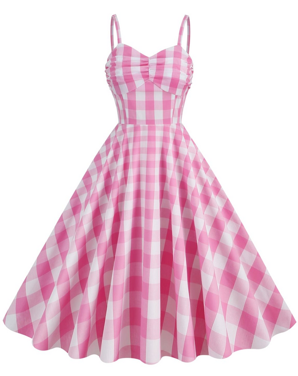 Retro Stage Pink & White Gingham Bobbie Swing Dress,M