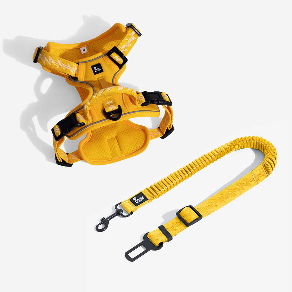 Buffer Adjustable Cool Dog Accessories Car Seat Belt, Yellow+Harness - XL