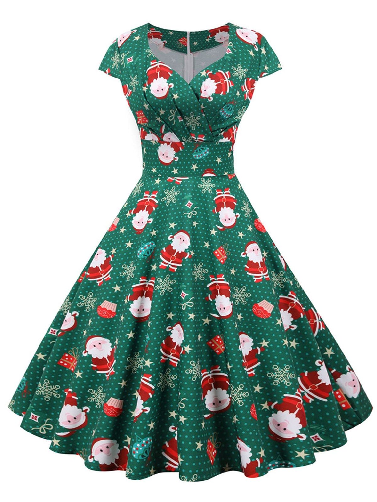 Christmas Santa Polka Dot 1950s Swing Dress Green,XXL