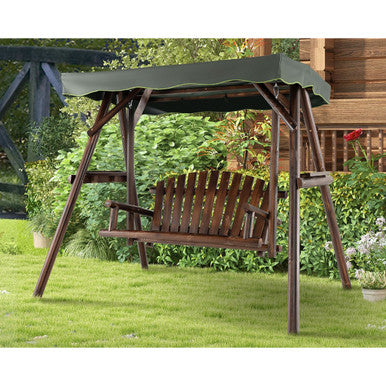 2-Person Outdoor Wooden Porch Swing with Adjustable Canopy