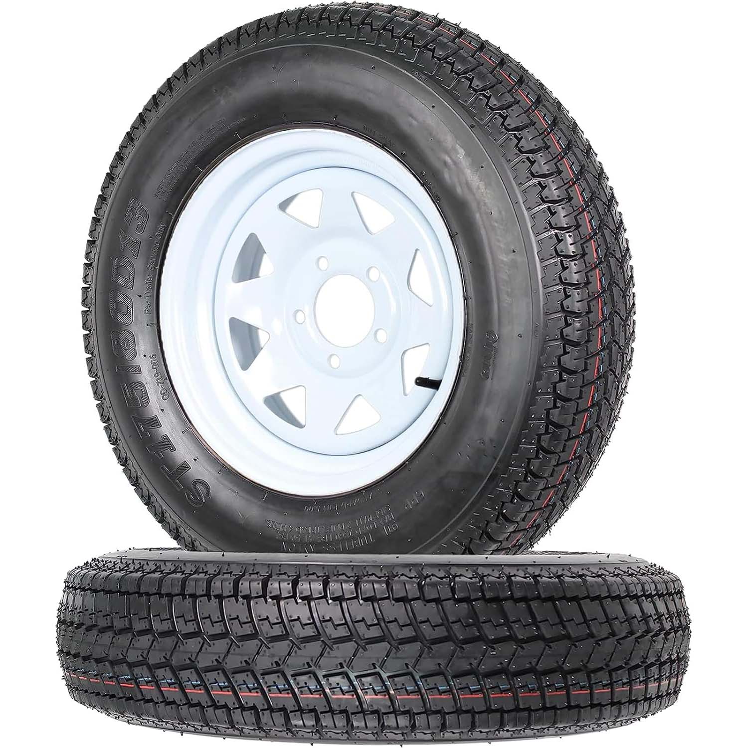 Garvee ST175-80D13 Trailer Tires, 2 Pack, Load Range C 6PLY, 13" White Spoke Rims 5 Lug on 4.5", Max Load 1360 LBS, Durable Bias-Ply All-Season Design