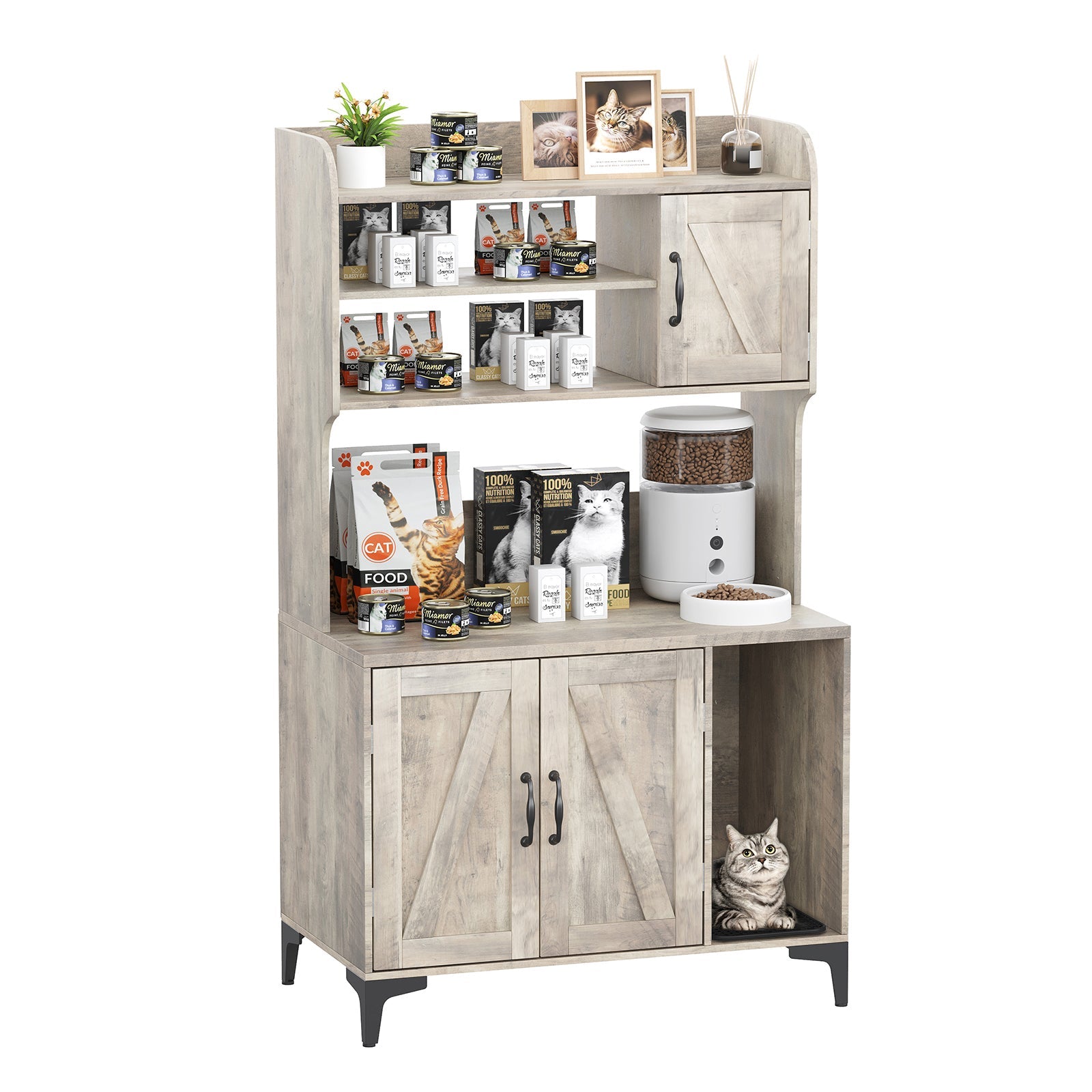 Garvee Cat Litter Box Enclosure, Modern Hidden Cat Litter Box Furniture with 4-Tier Storage Shelves, 2 Cabinets, Cat Litter Mat, Large Wood Indoor Cat