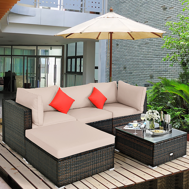 Rattan 5-Piece Outdoor Sectional Patio Set with Beige Cushions