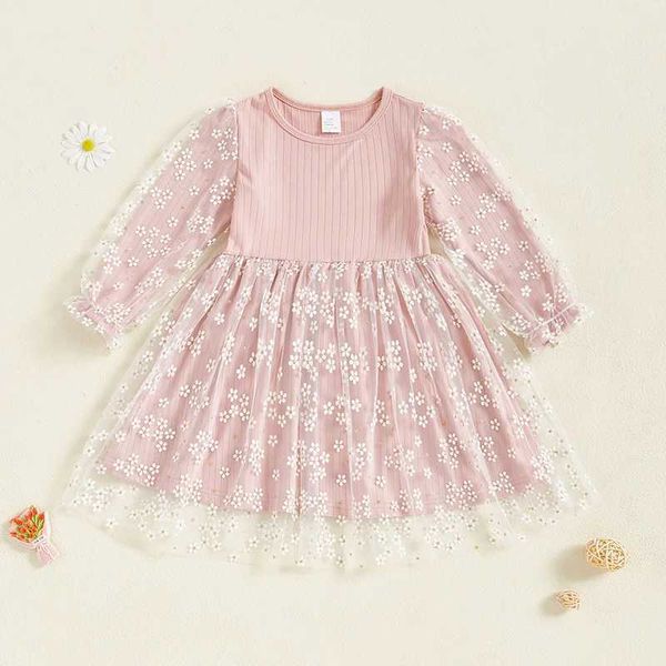 Girls Floral Print Long Sle A-Line Dress with Mesh Patchwork for Toddler Baby Spring Outfit Casual Princess Sle Z250113