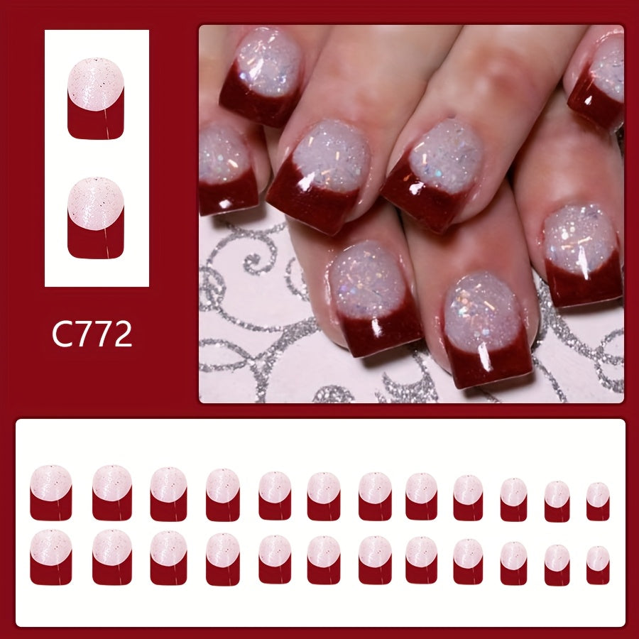 TEMU 24pcs Short Square Press-on Nails, Glossy French Burgundy Glitter Full Cover False Nail Tips, Fashionable Wear For Women And Girls, Mixed