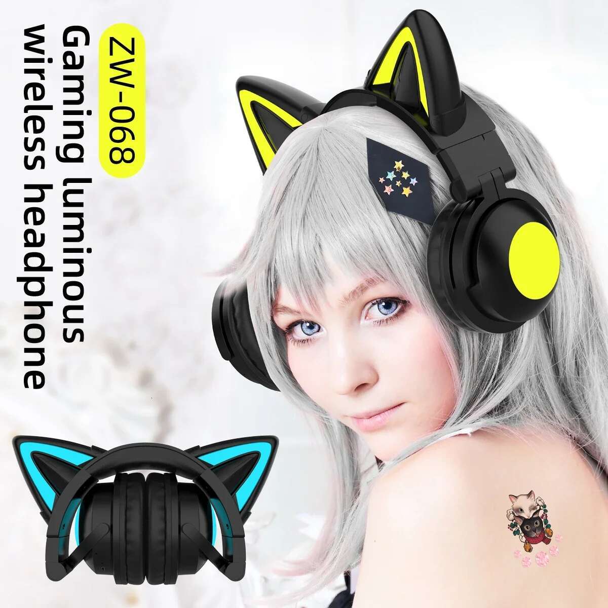 ZW068 LED light Cat Ears Headset Earphone Headphones Bluetooth Wireless For Samsung for PC