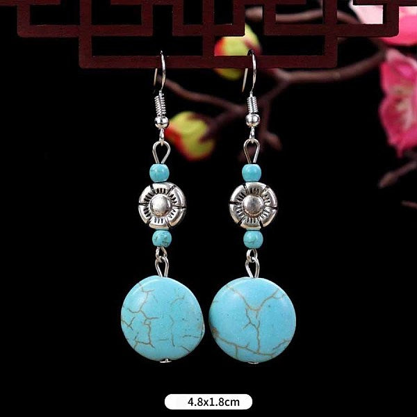 Boucles d'oreilles pendantes rondes en turquoise synthétique et alliage