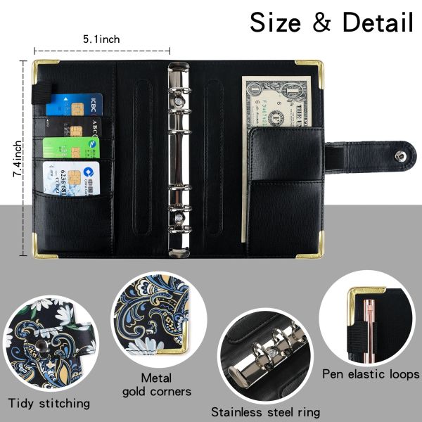 PU Leather Notebook A6 Planner Binder Inner Page Zipper Envelopes Cash Budgeting Money Organizer for Cash Budget Binder Stickers