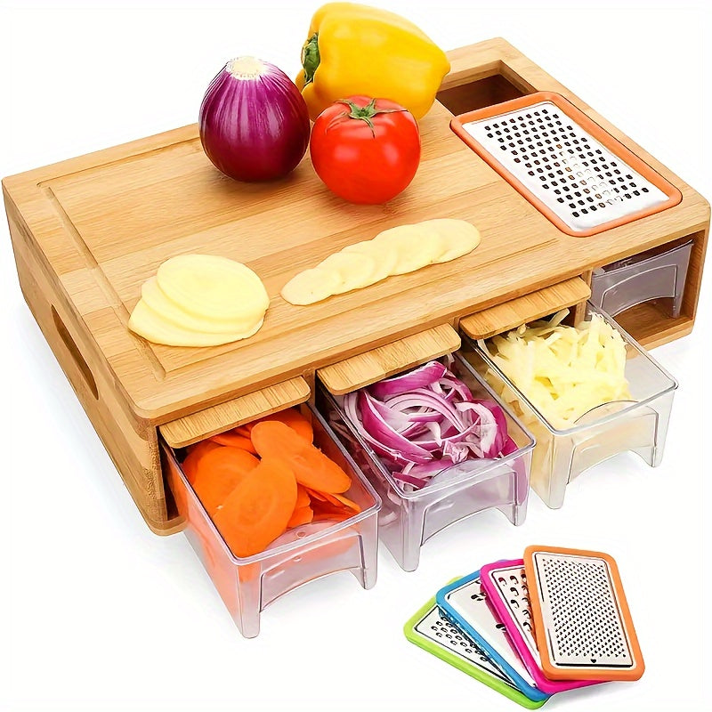 TEMU 1pc, Bamboo Cutting Board With Drawer Tray, Bamboo Cutting Board With Sliding Out Tray, Chopping Board, Fruit Cutting Board, Kitchen Utensils,