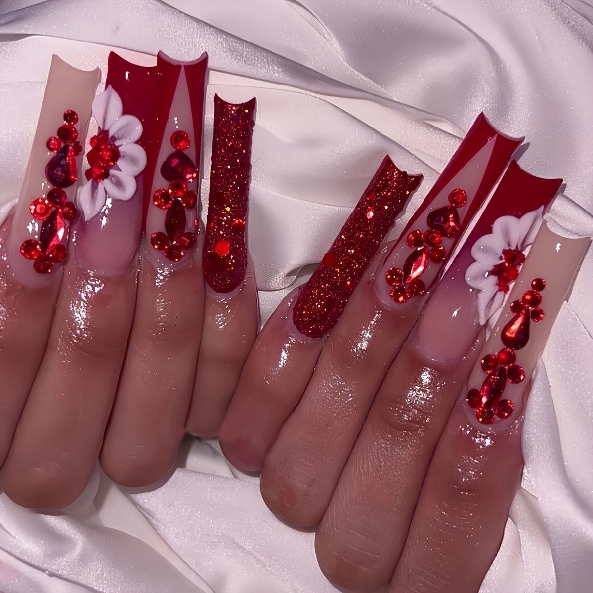 TEMU 24pcs Luxury Teardrop Press-on Nails Set, With Glitter Ruby & Heart Accents, Glossy Finish, Long Length, Easy Application With Nail File & Jelly