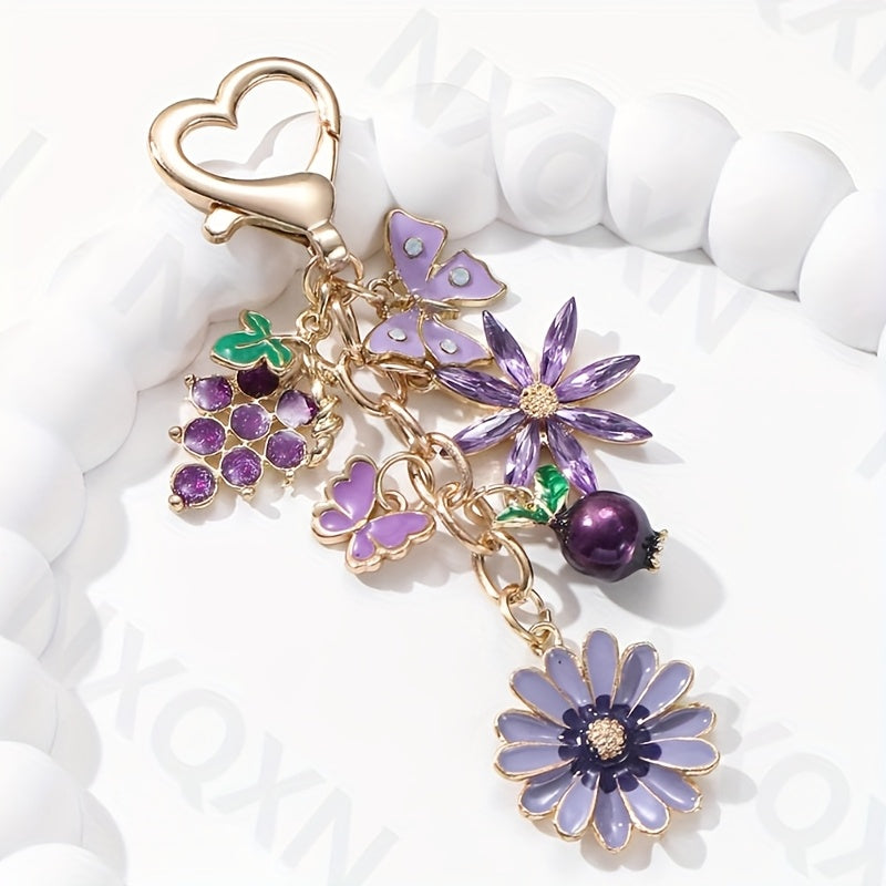 TEMU 1pc Nxqxn Flower & Pomegranate Keychain, Romantic Metal Ladies Key Ring With Ring , Plant Theme Decorative Car Bag Pendant, Ideal Birthday Gift