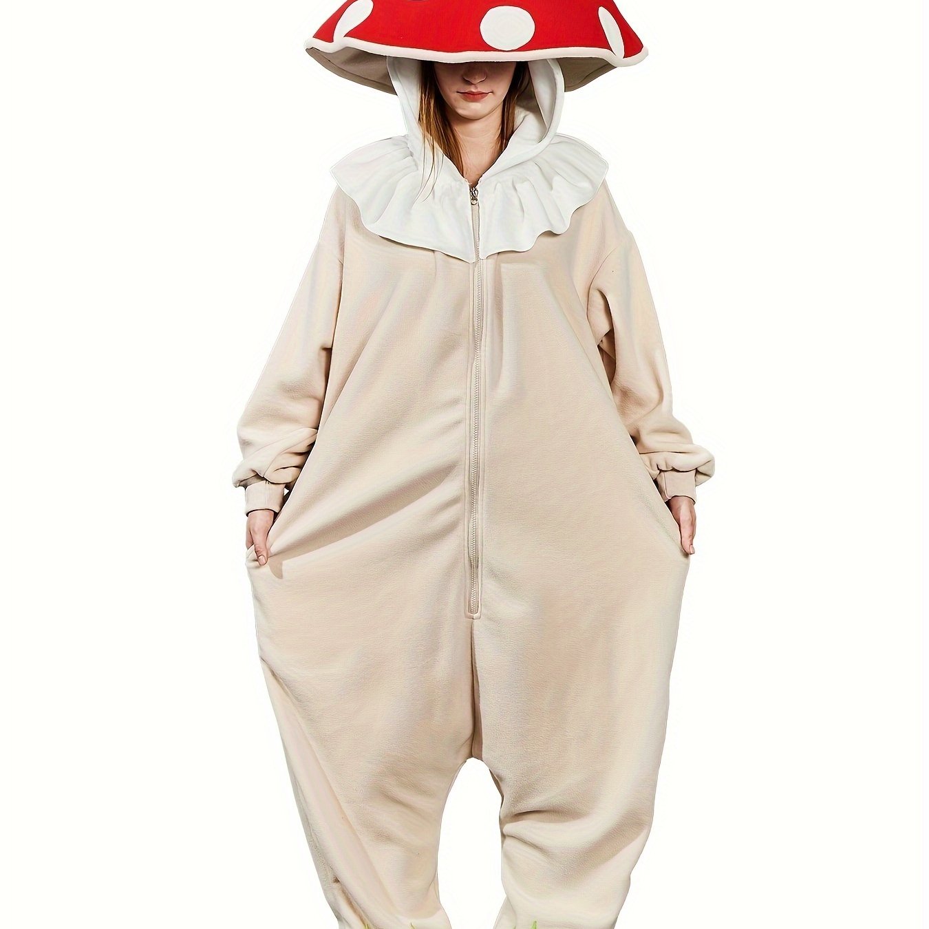 TEMU Mushroom Onesie Pajamas For Adults - Halloween Costume & Sleepwear, Full-zip Hooded Pajamas With Polka Dot , Beige With , Fabric, , Mushroom