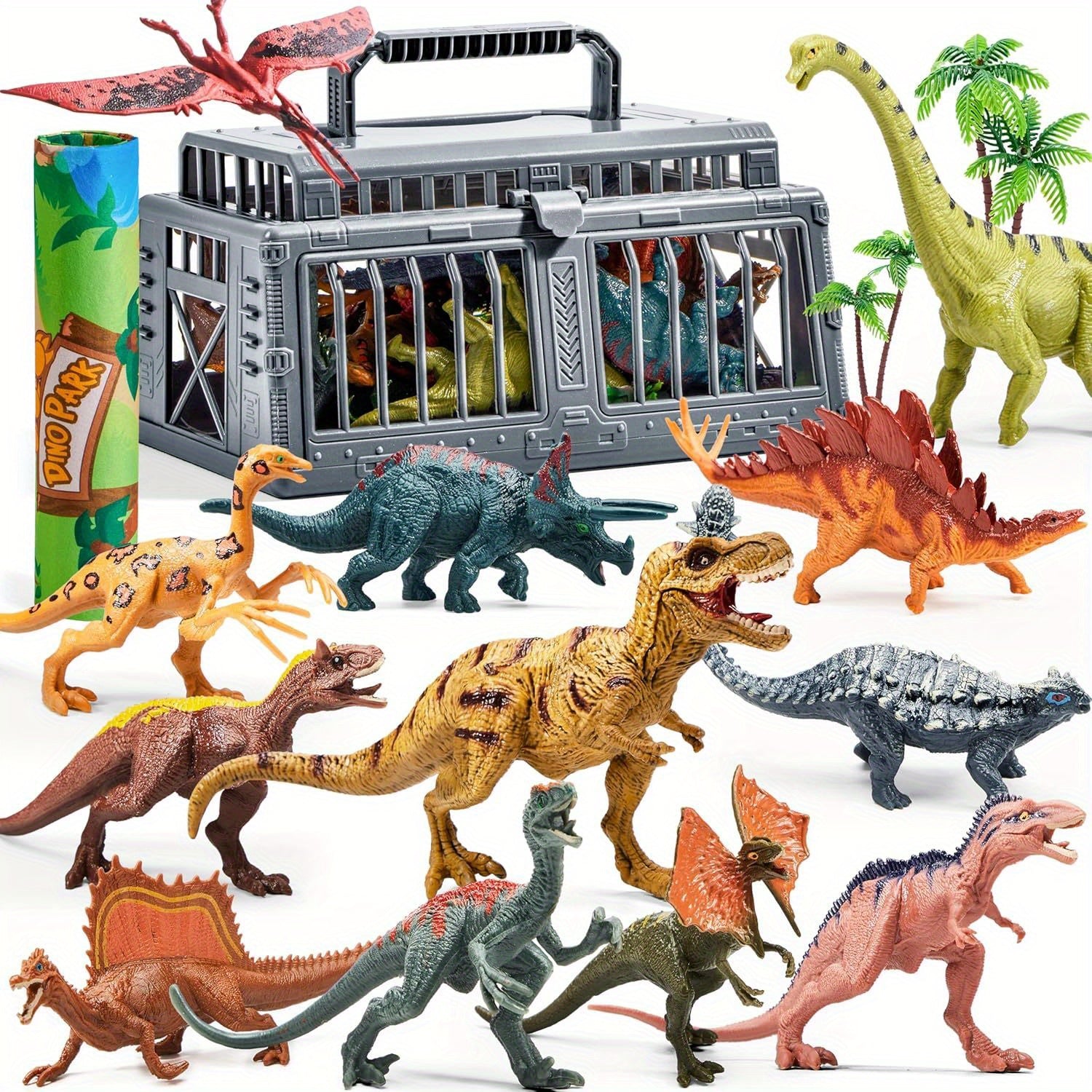 TEMU 19pcs Dinosaur Toys For Kids Ages 3-5 With Activity Play Mat & Storage Cage - Realistic Dinosaur Figures, Trees Playset For Toddlers, Gift,