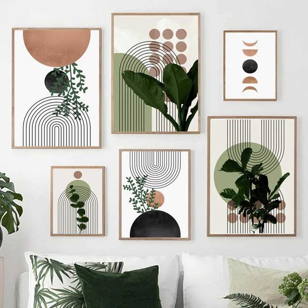 Modern Abstract Green Plants Leaf Vase Sun Lines Wall Boho Art Canvas Painting Posters And Prints Pictures For Living Room DecorC241223