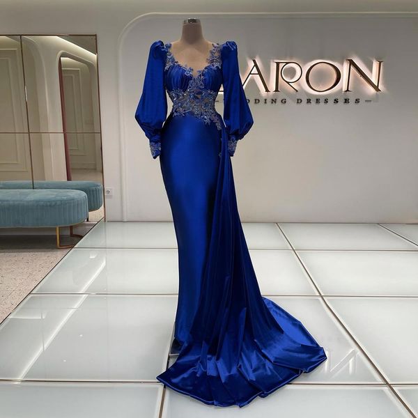 Royal Blue Appliqued Mermaid Prom Dresses V Neckline Beaded Evening Gowns Long Sleeves Sweep Train Satin Overskirt Formal Dress