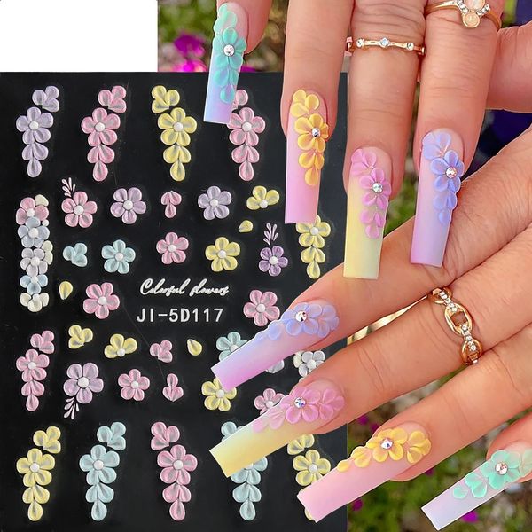 Embossed 5D Nail Art Stickers Colorful Elegant Flowers Rose Butterfly Sliders For Nails White Petals Manicure Decals GLJI-5D117 240729