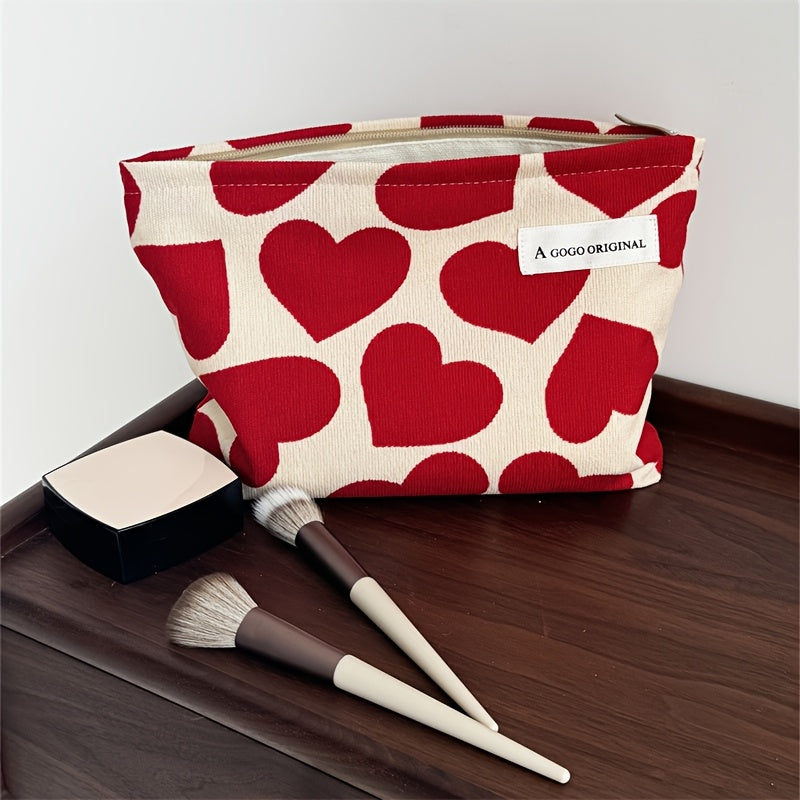 TEMU Autumn And Winter Corduroy Red Heart Makeup Bag, Essential Travel Accessory For Women, Skincare Organizer, Cosmetic Storage Pouch, Lipstick And