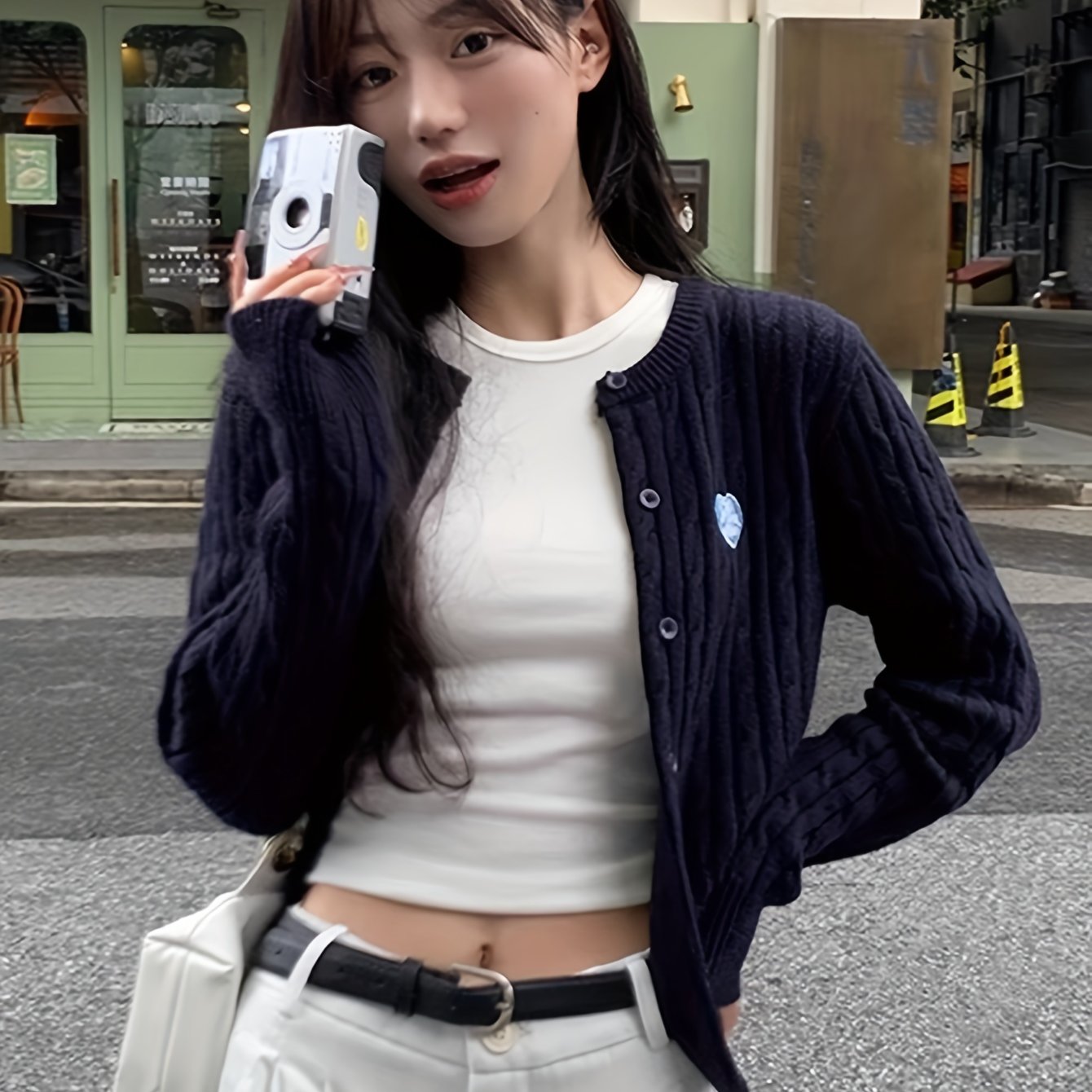 TEMU Women's High Cropped Cardigan Sweater - Blue Heart Embroidery Open Front Slim Fit Long Sleeve Top For Layering, , Cardigan, Layering Piece,