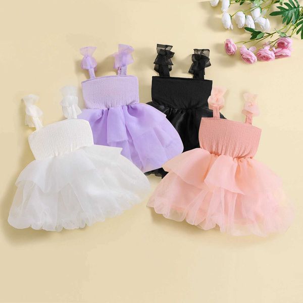Kids Baby Girls Ball Gown Dress Sleeveless Bow Straps Layered Tulle A-line Dress Summer Girl Patchwork Birthday Party Dress M250114