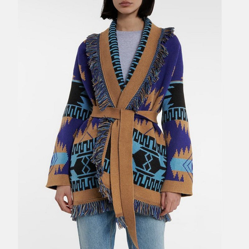 853971G01 Women&#039;s Outerwear & Coats Autumn and Winter Long Sleeves Cape Wool Blend Knitted Cardigan Loose Bohemian Vintage Jacquard