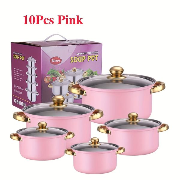 10PCS Premium Stainless Steel Cookware Set Kitchen for Chefs Nonstick Full Clad Glass Lids Cool Handles Dishwasher Safe Compatible with All
