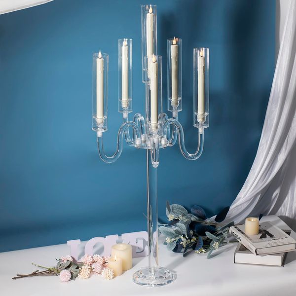 Glass 5 Arms Floor Candelabra Event Acrylic Candelabrum For Centerpiece Acrylic Candlesticks Crystal Candle Holders Centerpieces For Wedding