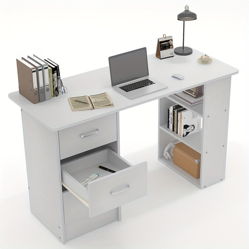 TEMU Spacious White Wooden Home Office Desk With 3 Drawers & 3 Shelves - Sturdy Mdf Construction, Ideal For Writing, Computer Work & Gaming, With
