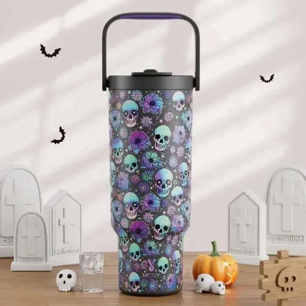 Oz Meoky Ml Tumbler Insulated Handle Vacuum Travel Car Mug Halloween Skulls Thermal Stainless Steel Coffee Milk Tea Cup