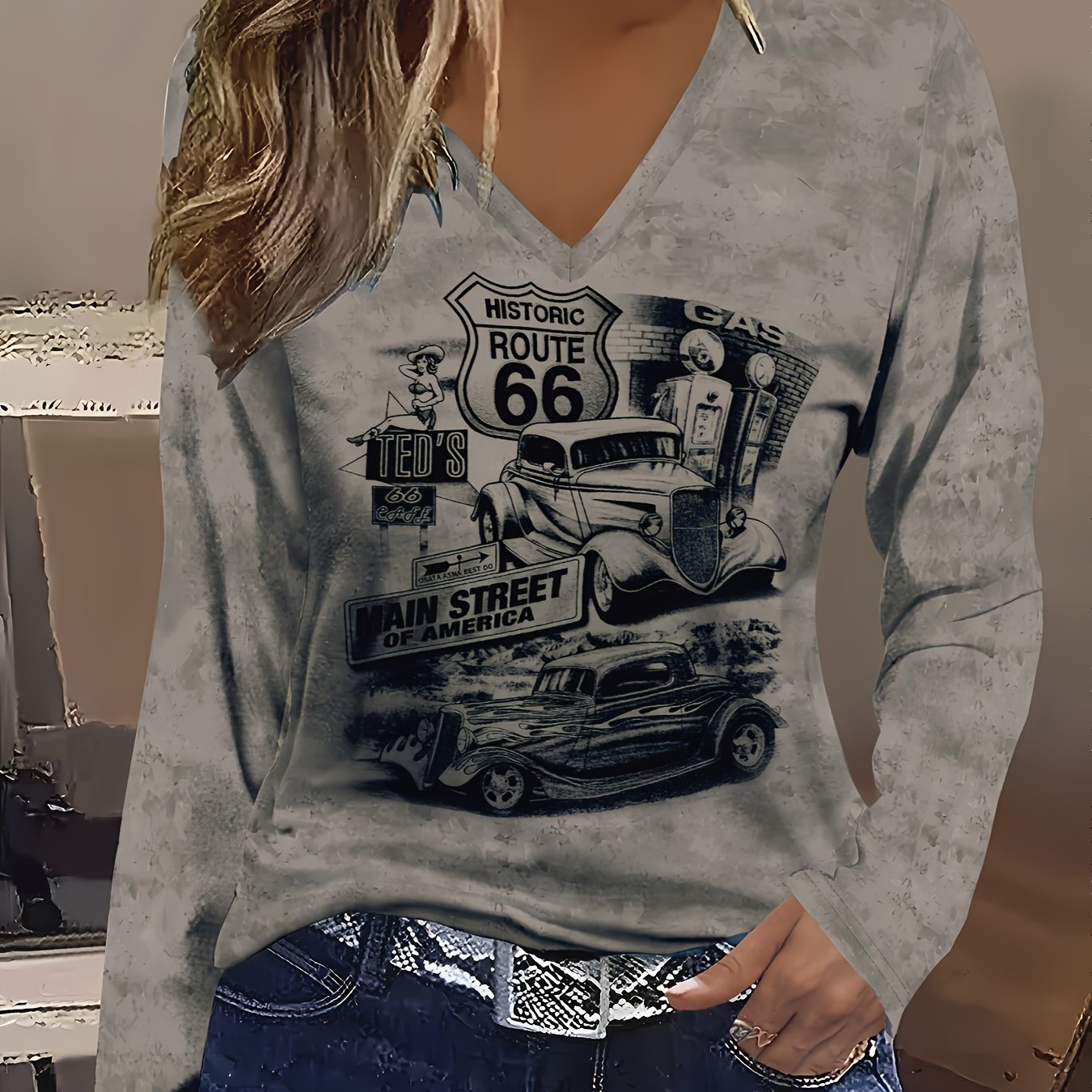 TEMU Women's Vintage Graphic V-neck Long Sleeve T-shirt - Casual Casual Attire With Classic , Soft Fabric, Fit, Ladies T Shirts