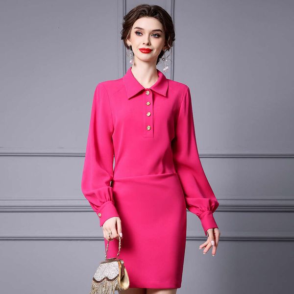 Smart Stylish Mid Length Dress with Slim Fit and Slimming Effect Polo Collar Long Sleeved Acetate Dress 2024 Autumn New Collection Loose Hig