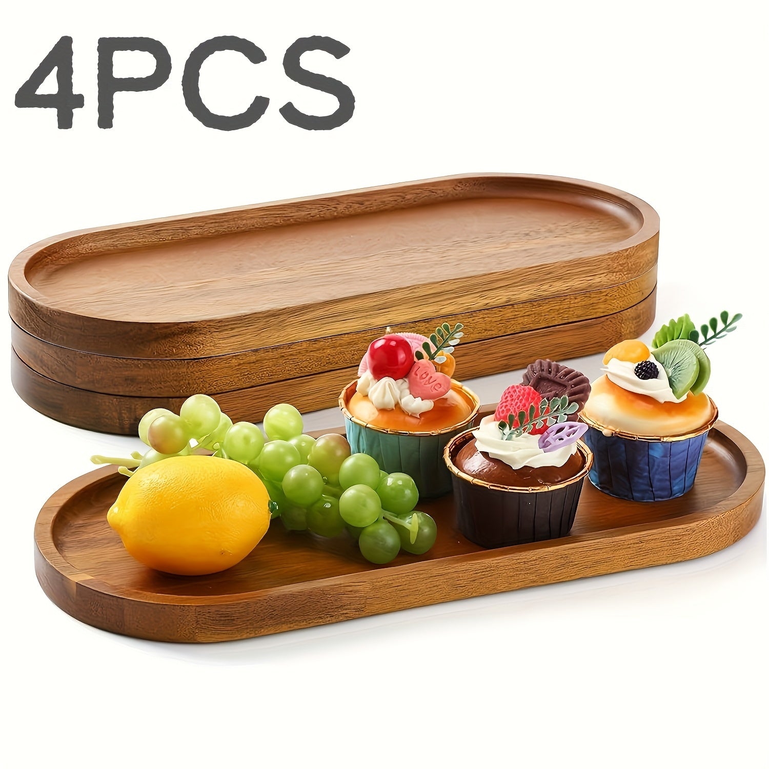 TEMU [wooden Serving Trays] 1 Set Of 4-6-8 Wooden Serving Trays, Oval Charcuterie Boards | 4.12" And 11.42" Wooden Platters, Dinner Plates, Cheese