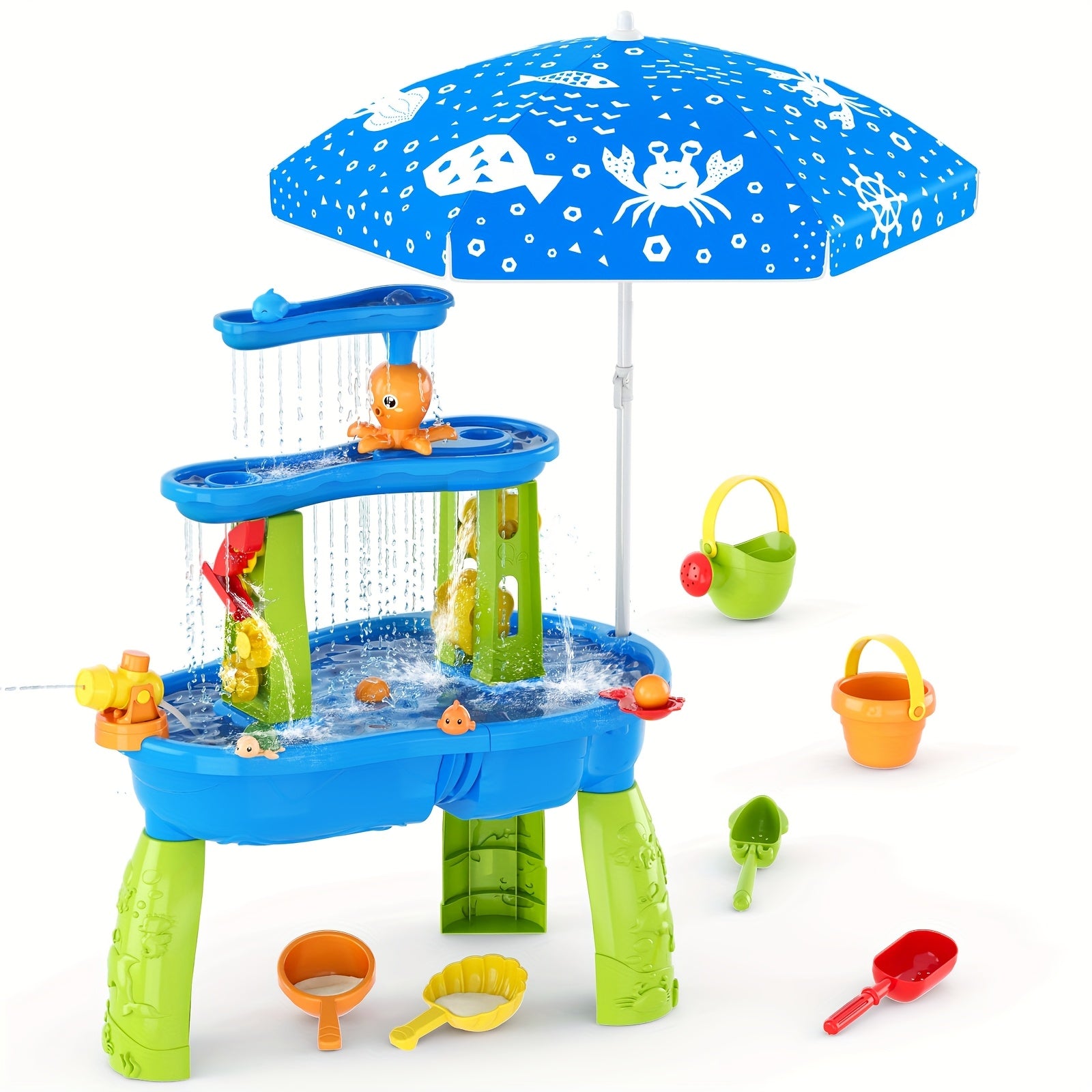 TEMU 3-tier Kids Water & Sand Table With Umbrella & Rain Shower System - Outdoor-indoor Sensory Playset For Multi-level Splash Pond, Water Toys,