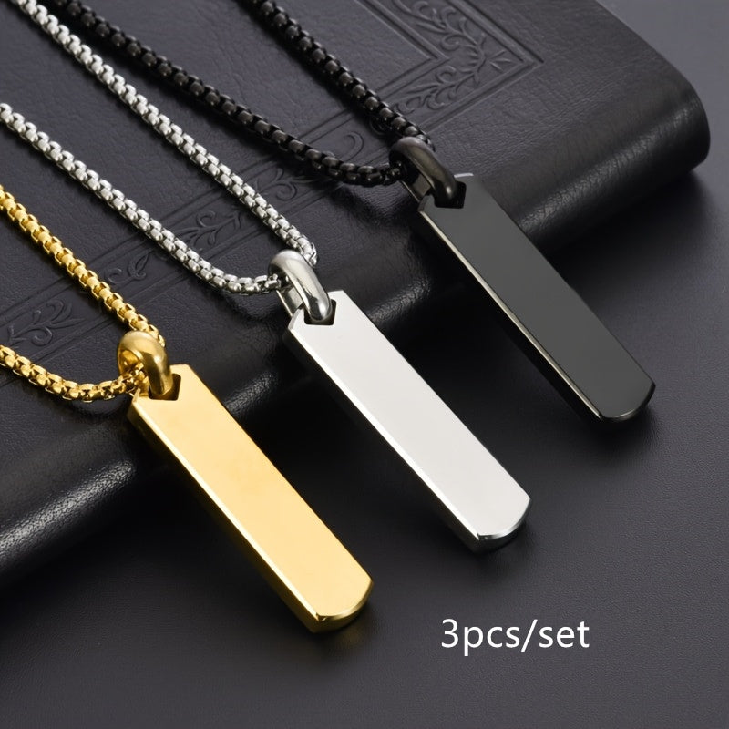 TEMU 3pcs-set 304 Stainless Steel Glossy Rectangular Necklace Suitable For Men And Women Charm Jewelry
