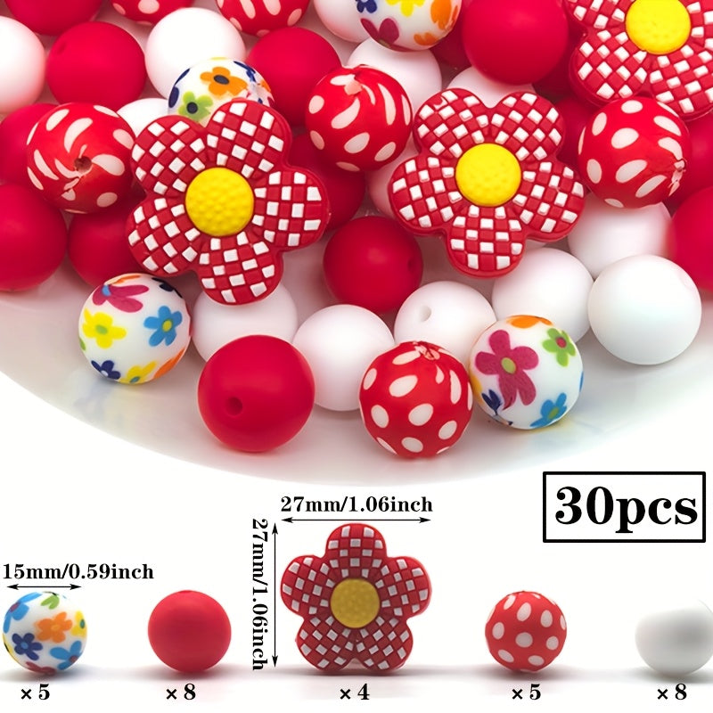 TEMU 30pcs Silicone Beads, Multi-colored Flower Mixed Series, Round Loose Spacer Beads, Suitable For Handmade Making, Bracelets And Necklaces,