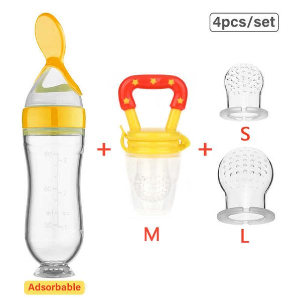 Cups Dishes Utensils 4Pc-set Baby Food Feeding Spoon Juice Extractor Pacifier cup Molars Baby feeding bottle Silicone Gum Fruit Vegetable Bi