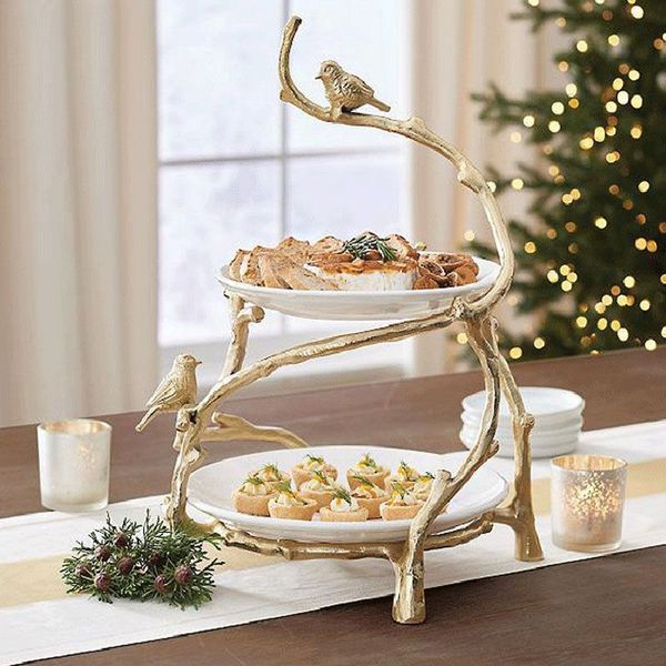 2024 Plates Festival Snack Bowl Stand 3 Bowls Golden Oak Branches Rack Party Buffet Dessert Fruit Afternoon Tea Display Tray