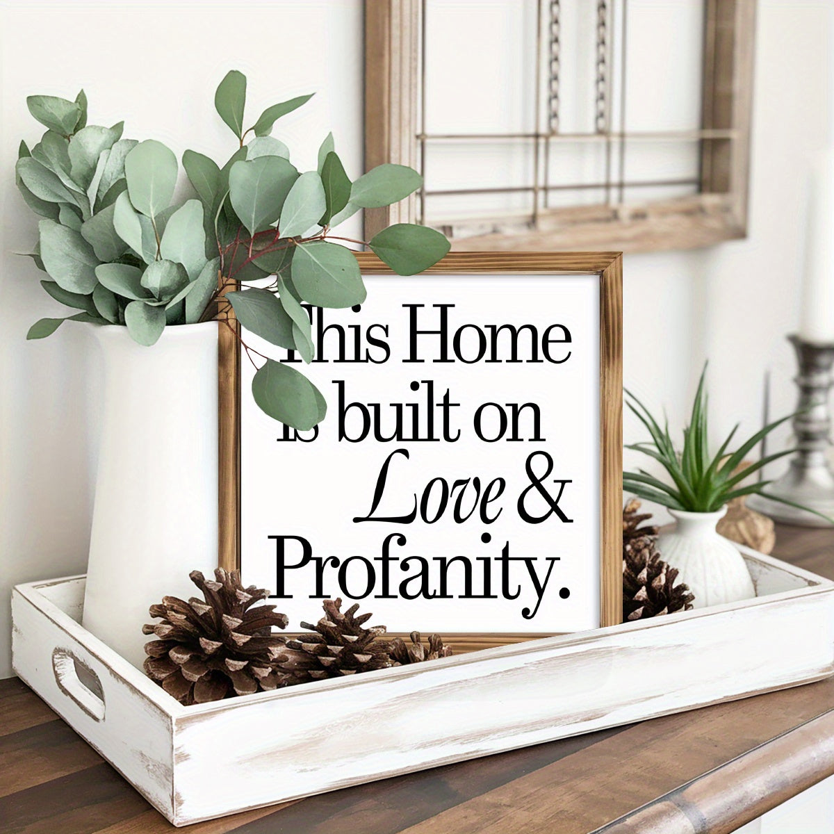 TEMU 1pc Funny Farmhouse Wooden Sign "this Built On Love & " - Rustic White & Golden Lettering Wall Decor, 8x8 Inch Horizontal Wood Plank Style For
