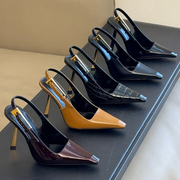 Women Sandals mirror quality Women Lee Slingback Pumps In Glazed Leather Luxury Designer Dress square pointed toe Evening shoes Sizes 35-42