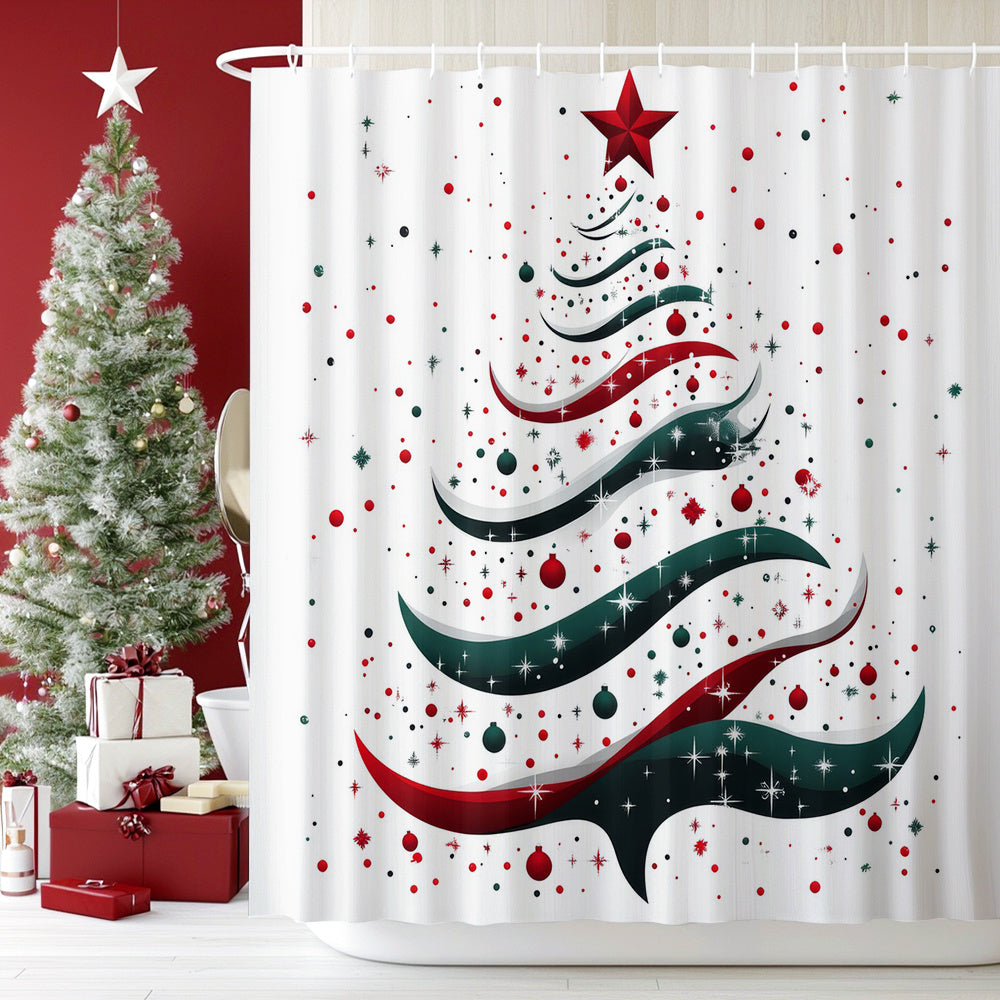 TEMU Home 1pc Shower Curtain With 12 Hooks - Red Green White Golden Holiday Bathroom Decor, Fabric High Quality 2d Flat Print (not