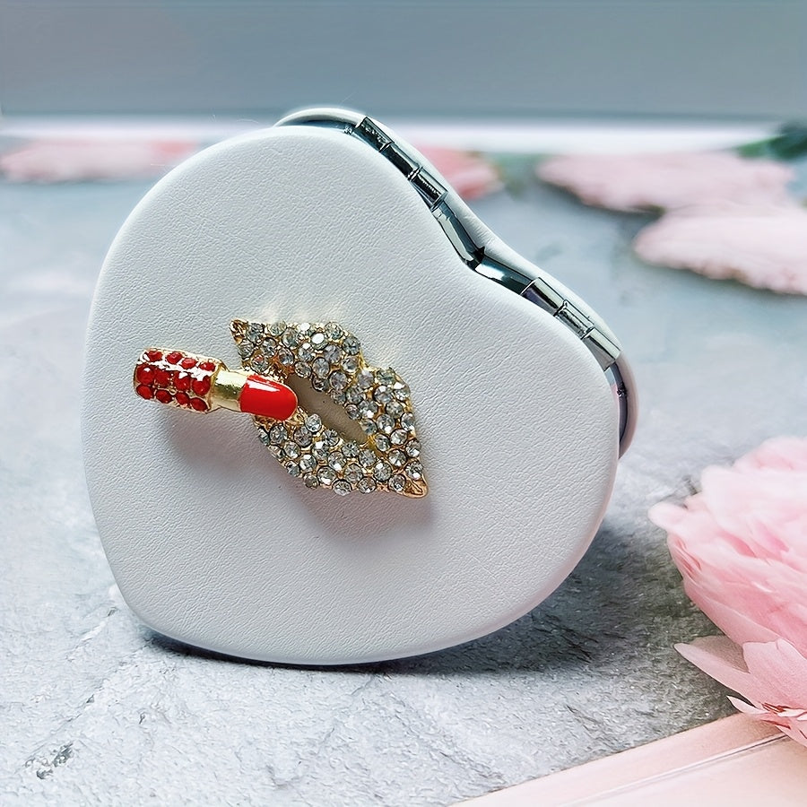 TEMU 1pc Compact Folding Handheld Mirror, 2-sided Character-themed Lipstick Design, Glass Surface, Dresser Mount, Leather Frame, Unscented, No