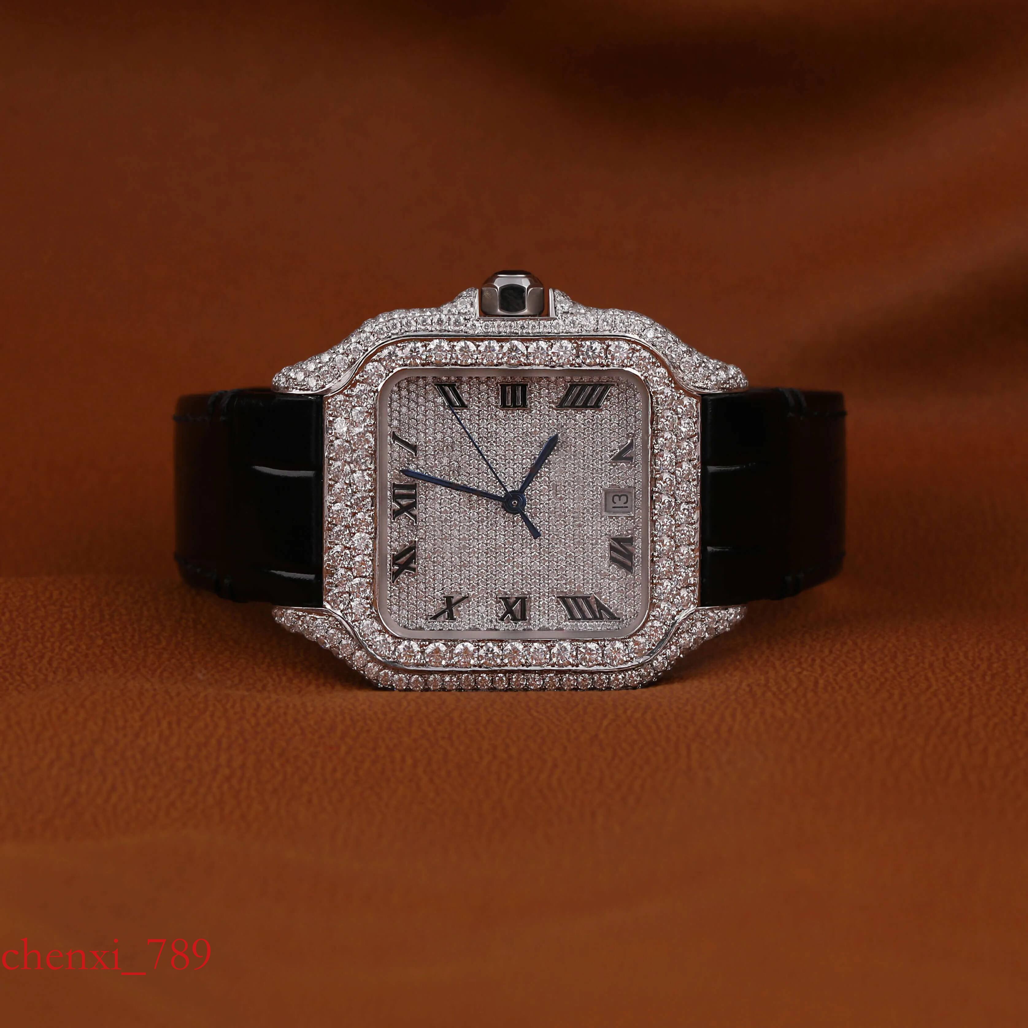 Moissanite Round Cut Half Iced Out With Black Leather Belt Classic Date and Roman Features Dia Watch