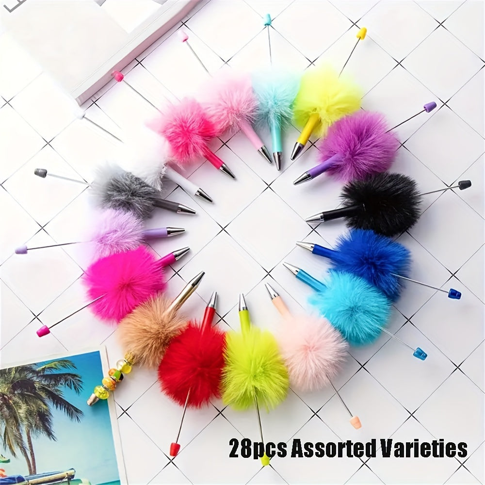 TEMU 28pcs Fluffy Beadable Ballpoint Pens Fuzzy Plastic Beaded Writing Pens For Diy Craft Office Supplies Back-to-school Gift