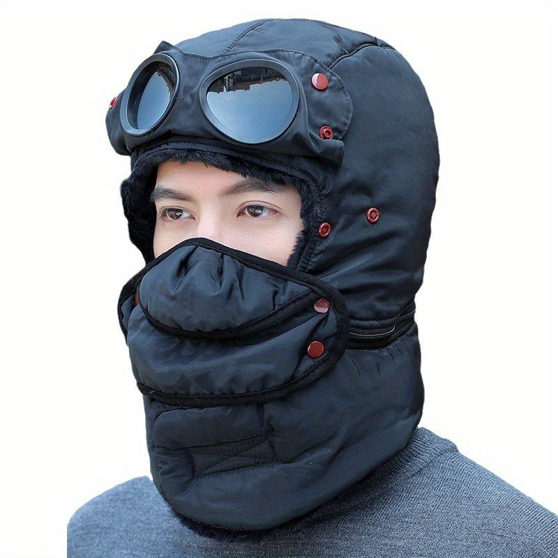 TEMU 1pc Thermal Windproof Winter Hat With Detachable Goggles & Scarf - Full Face Mask For Skiing, Cycling, Outdoor Sports - Adjustable Strap, Fits