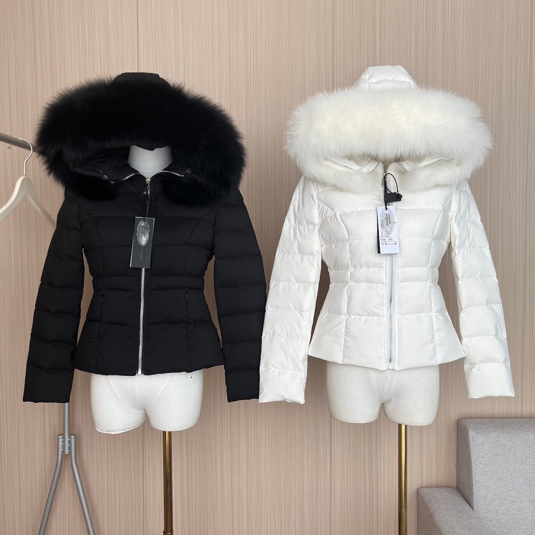 Women&#039;s Down coat designer woman Parkas Down jacket Wide fox fur collar Coat Coldproof Plush Collar Skiwear Retract waist Black white
