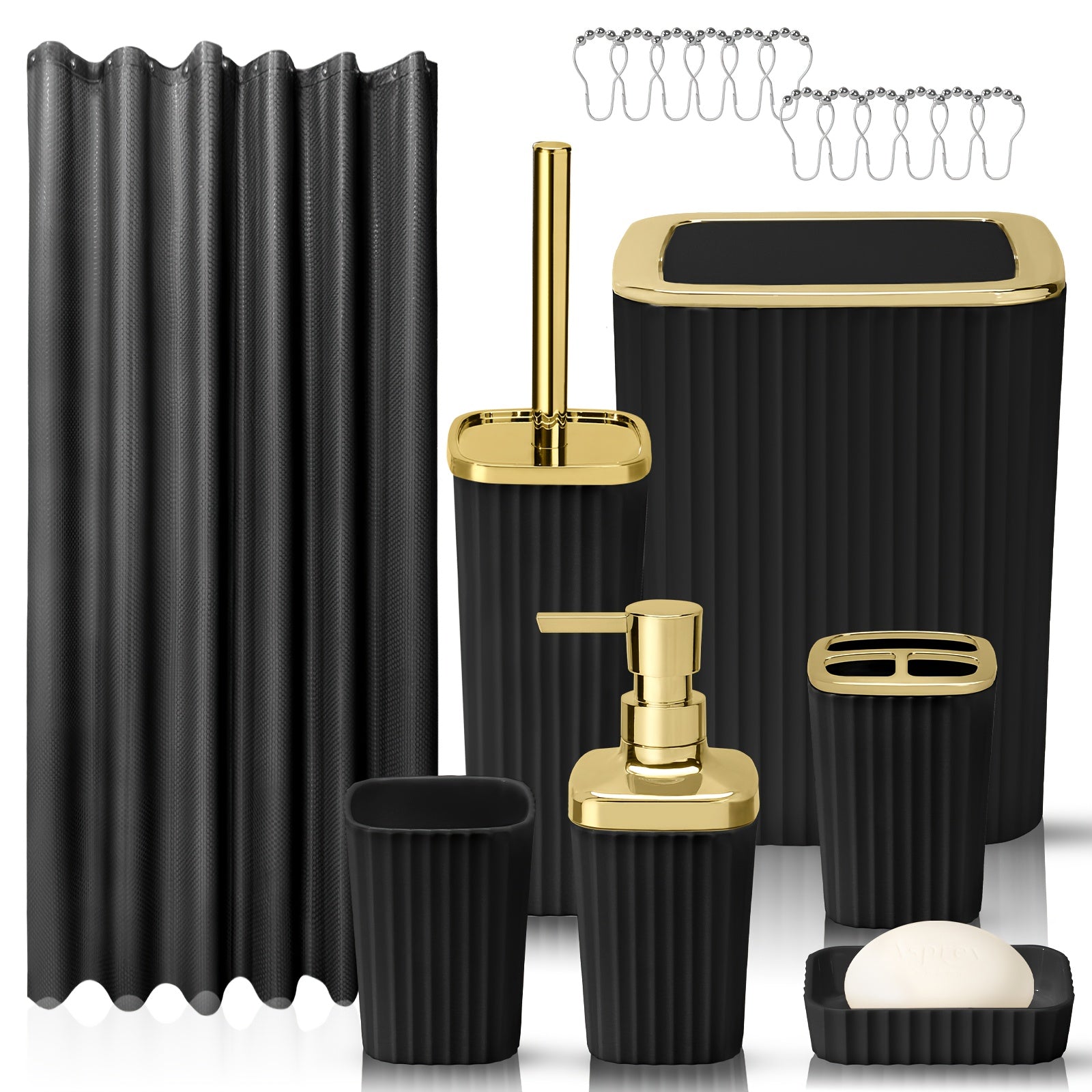 TEMU 8pcs Bathroom Accessories Set, Bathroom Accessories Set With Trash Can, Bathroom Accessories Sets Full Set, Black Shower Curtain Set, Toilet